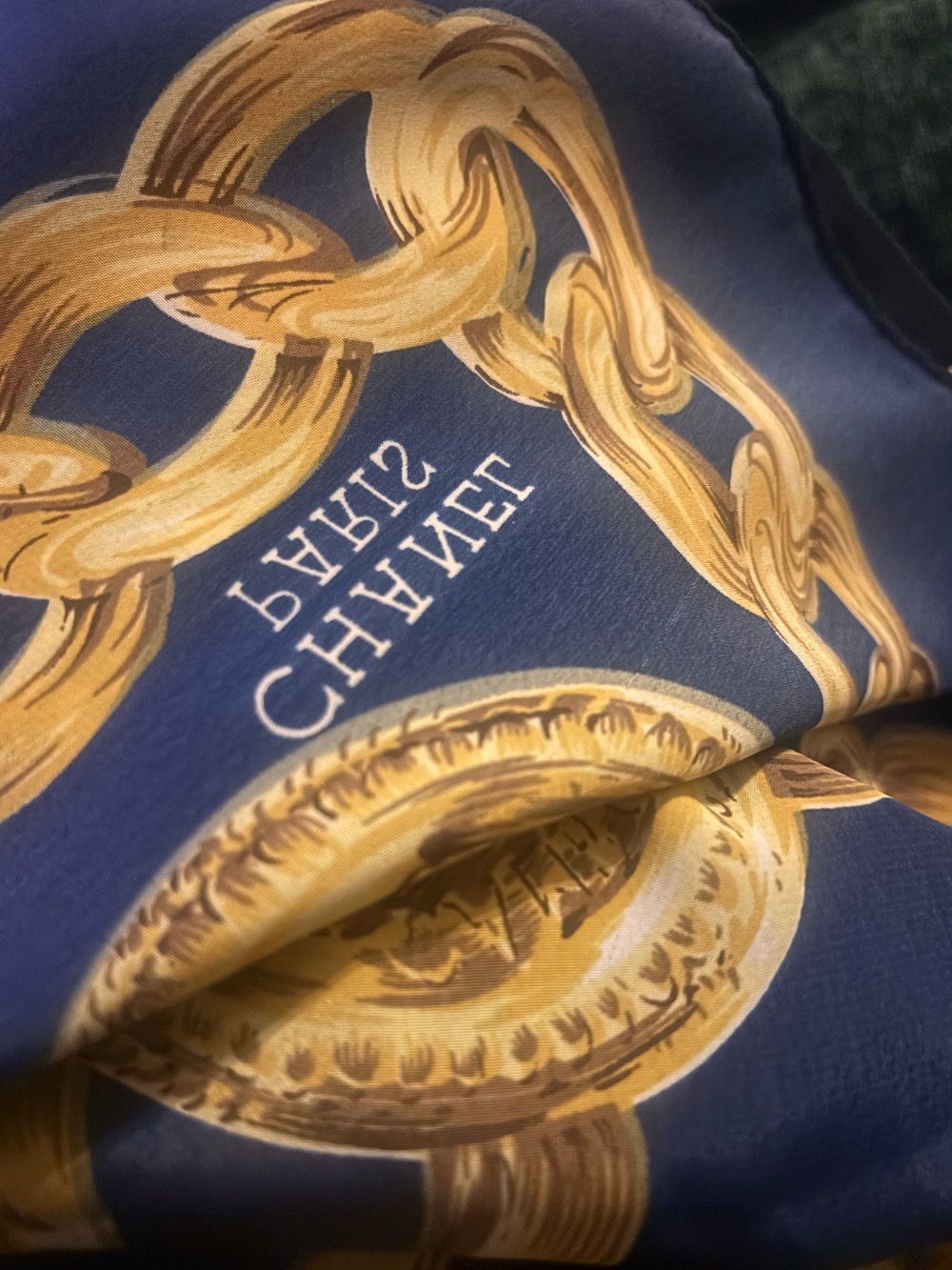 Authentic CHANEL Chain Print Silk Scarf Navy Blue Gold CC Logo Rue Cambon Paris - Picture 6 of 8